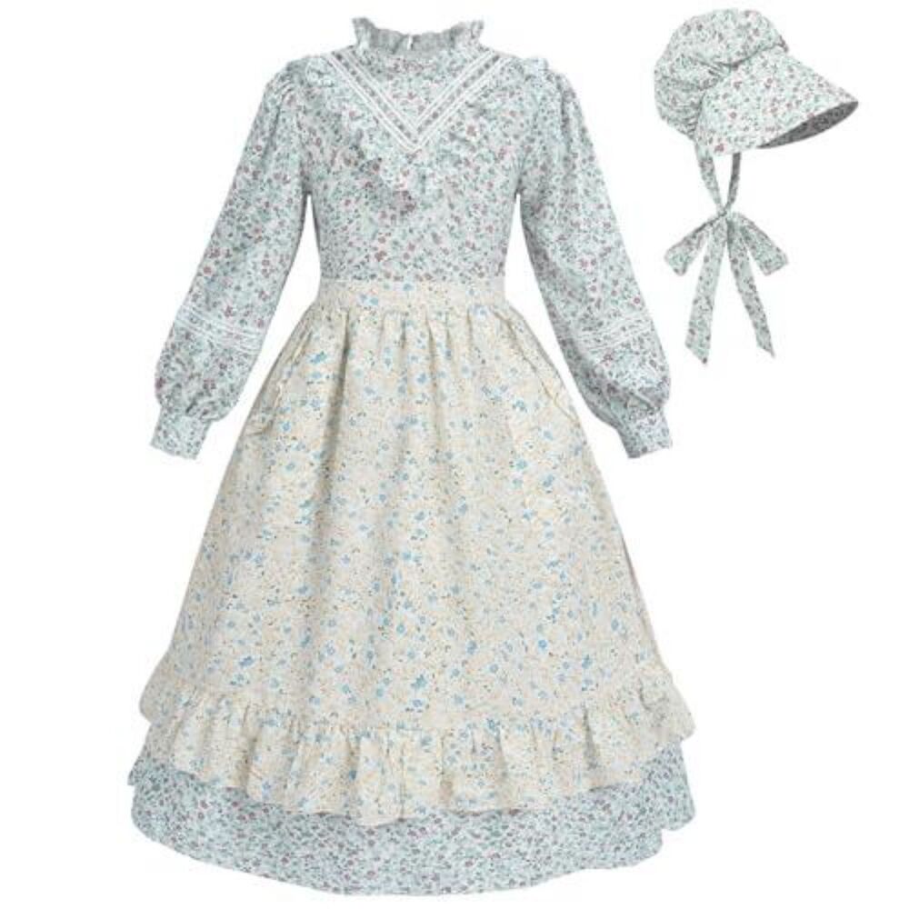 Girl's Floral Prairie Colonial Long Sleeve Pioneer Dress Apron Bonnet 8-10